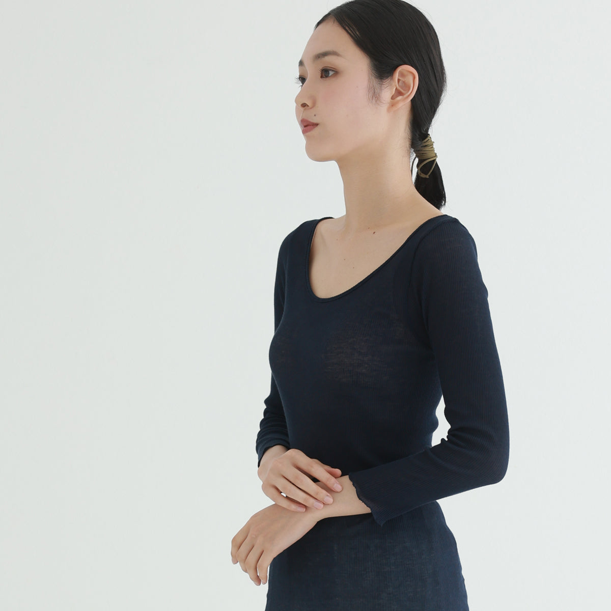 コットン・リブ 8分袖 バレエネック