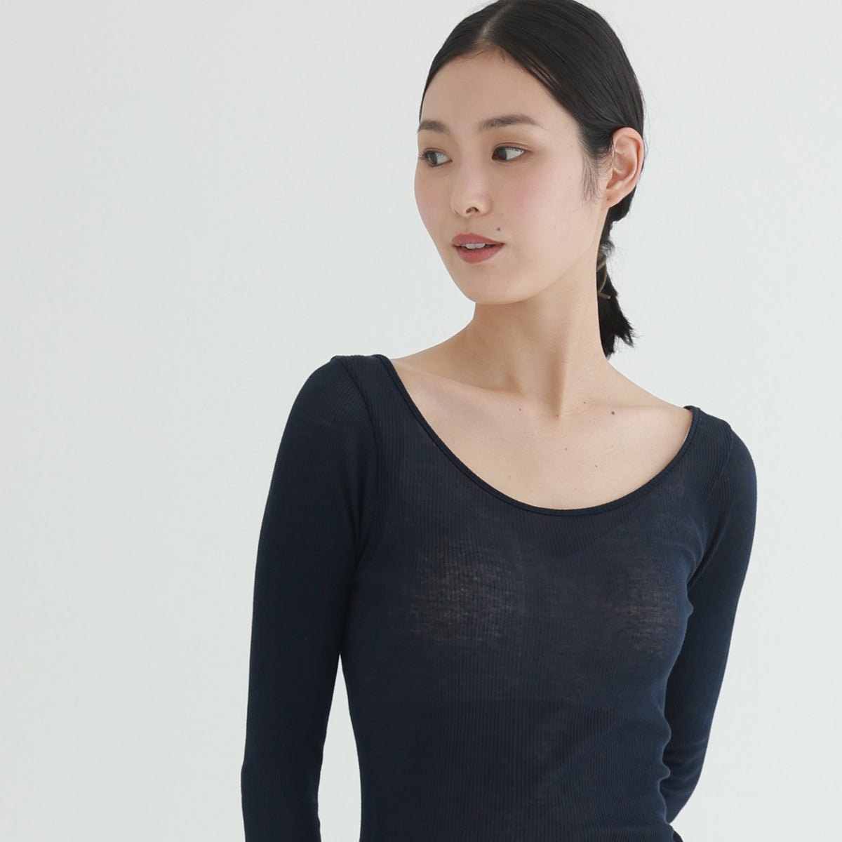 コットン・リブ 8分袖 バレエネック