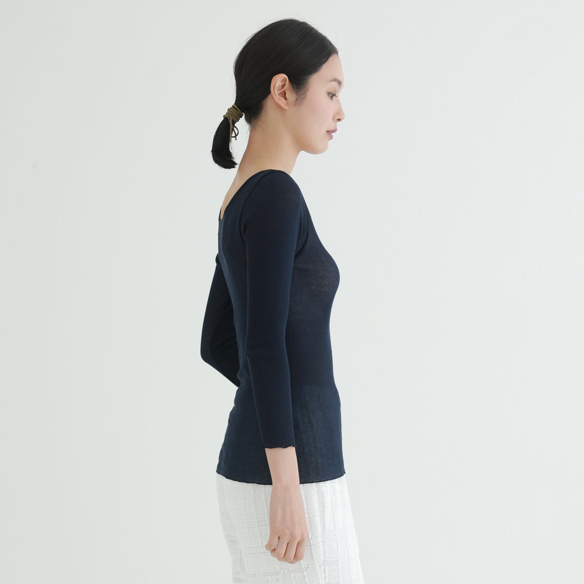 コットン・リブ 8分袖 バレエネック